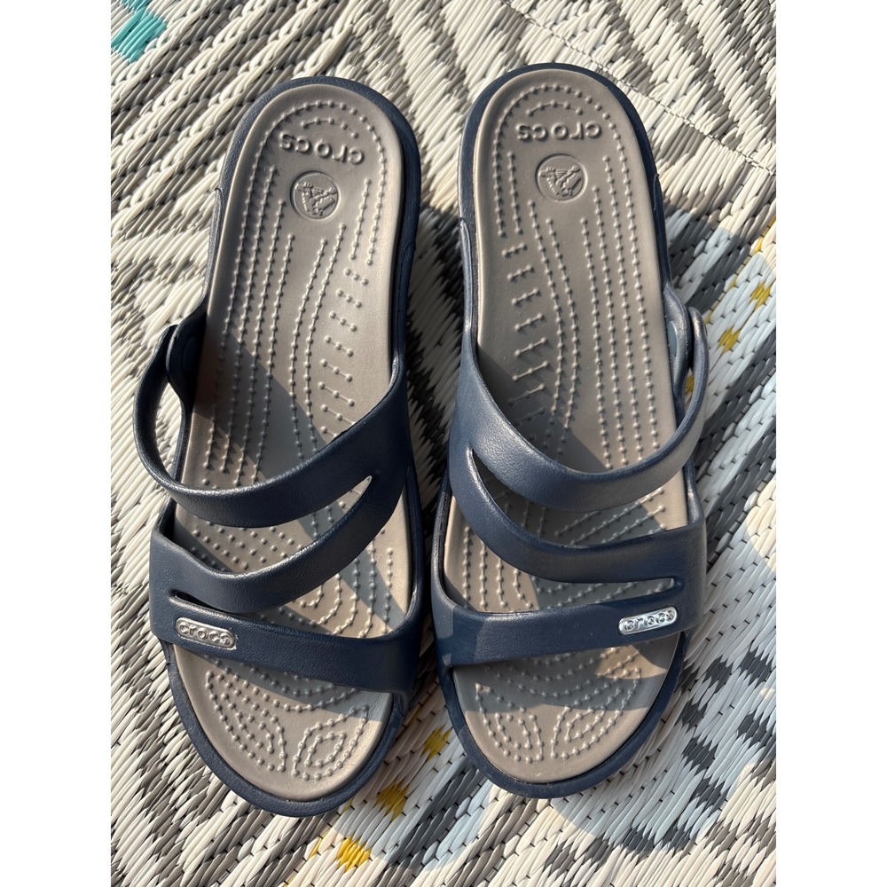Crocs Patricia Wedge Sandals Navy Blue Grey Strappy Slip On Womens 6 - Picture 3 of 9